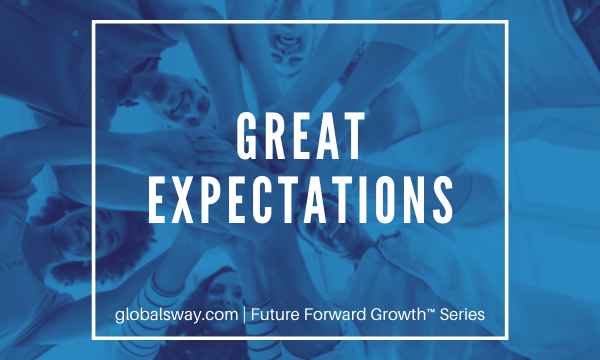 faded background image with a blue overlay showing a team in a circle with all hands reaching in and stacked together in unification. This is the title image for the Great Expectations Course we deliver.