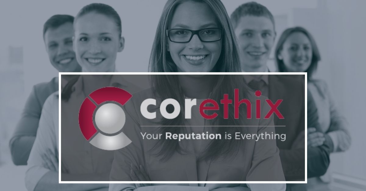 Corethix software red and white logo with an image of a team in black and white in the background.