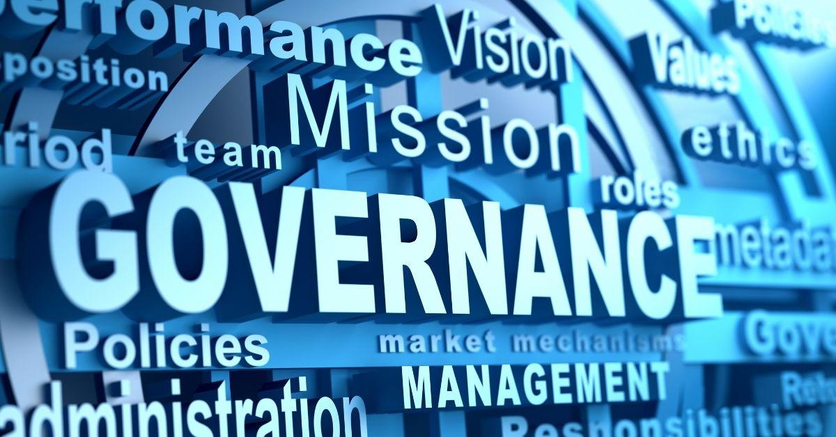 blue wordcloud that looks like metal letters popping out. Governance is the largest in the wordcloud but includes mission, vision, management administration, performance and a host of words that might describe governance.