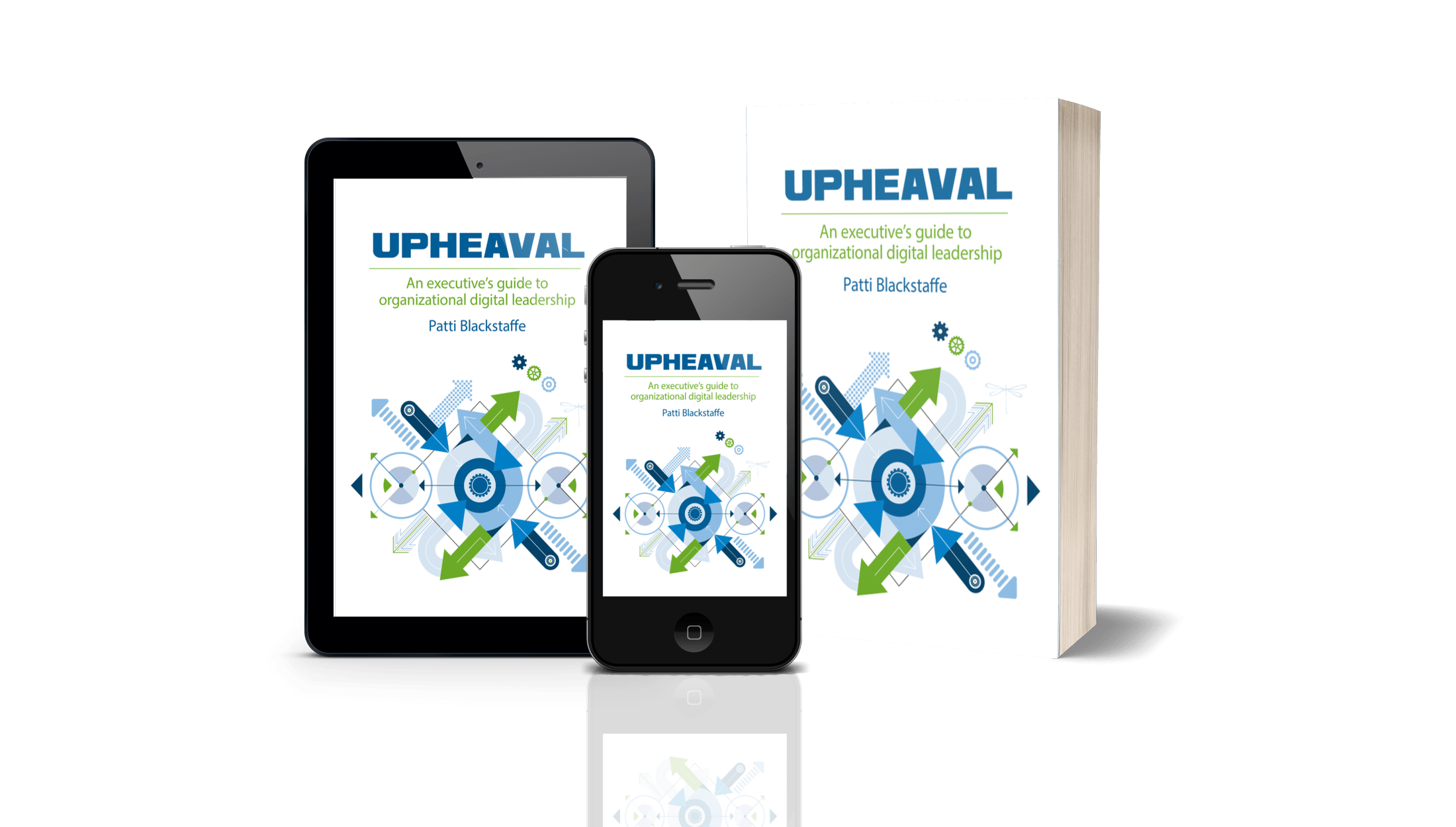 Upheaval Book - 3D image of book, phone, and tablet.